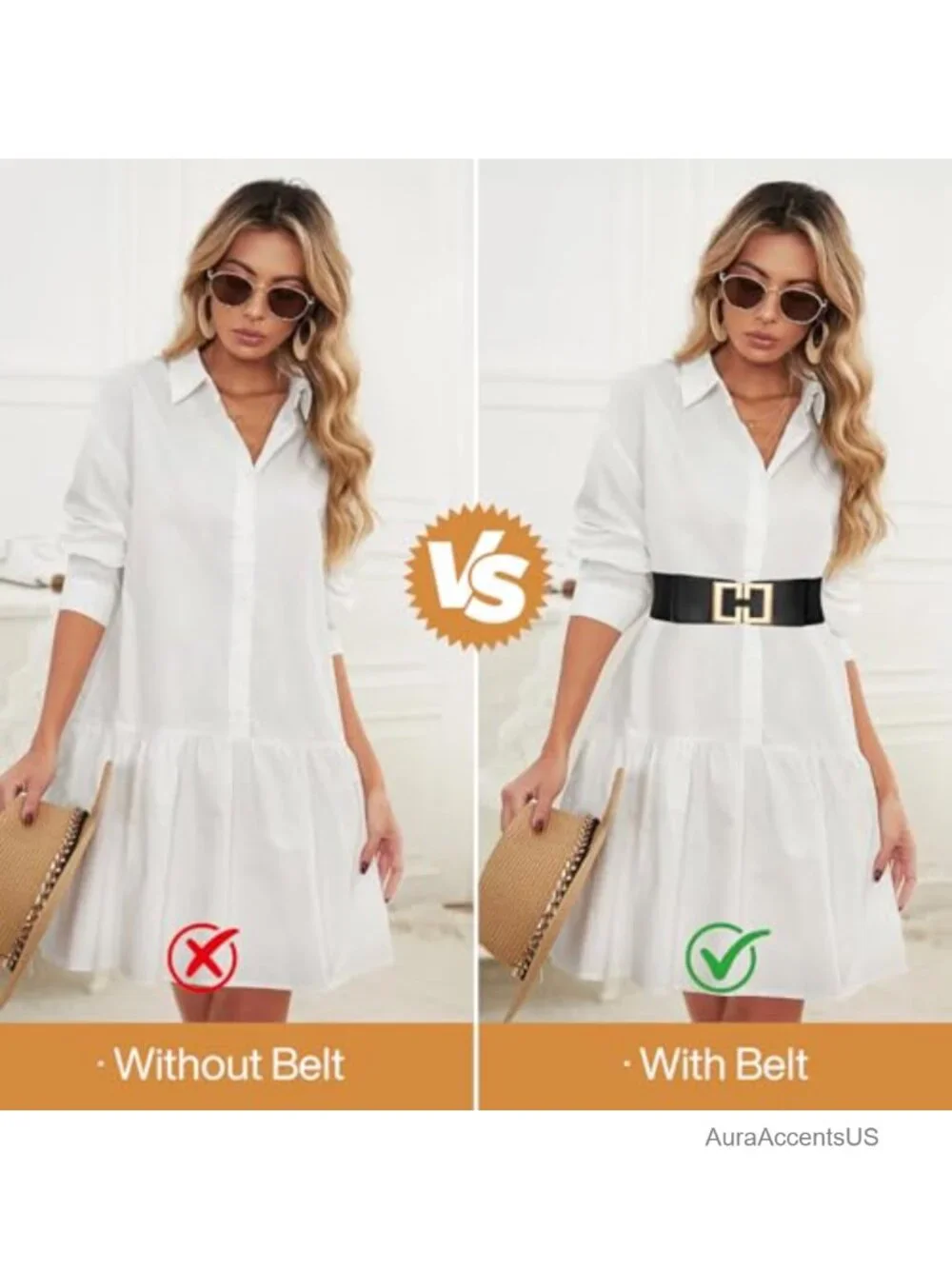Wide Elastic Belt with Gold Buckle Stretchy Waist Belt for Dresses